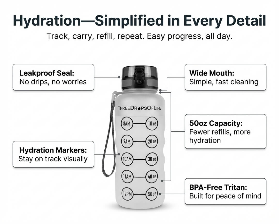 Water bottle with features highlighted on a white background