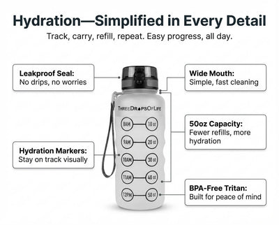 Water bottle with features highlighted on a white background