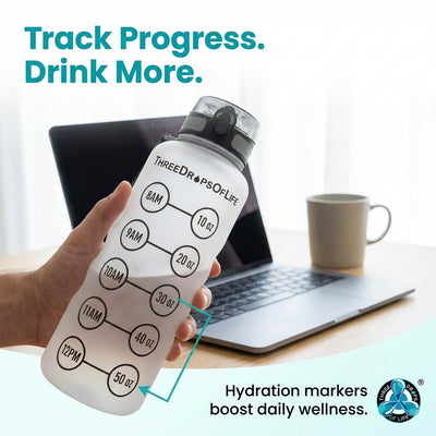 Three Drops of Life 50oz frosted water bottle with time marker lines and side grips