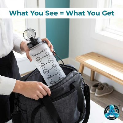 Person holding a water bottle with measurement markings, placing it into a bag indoors.