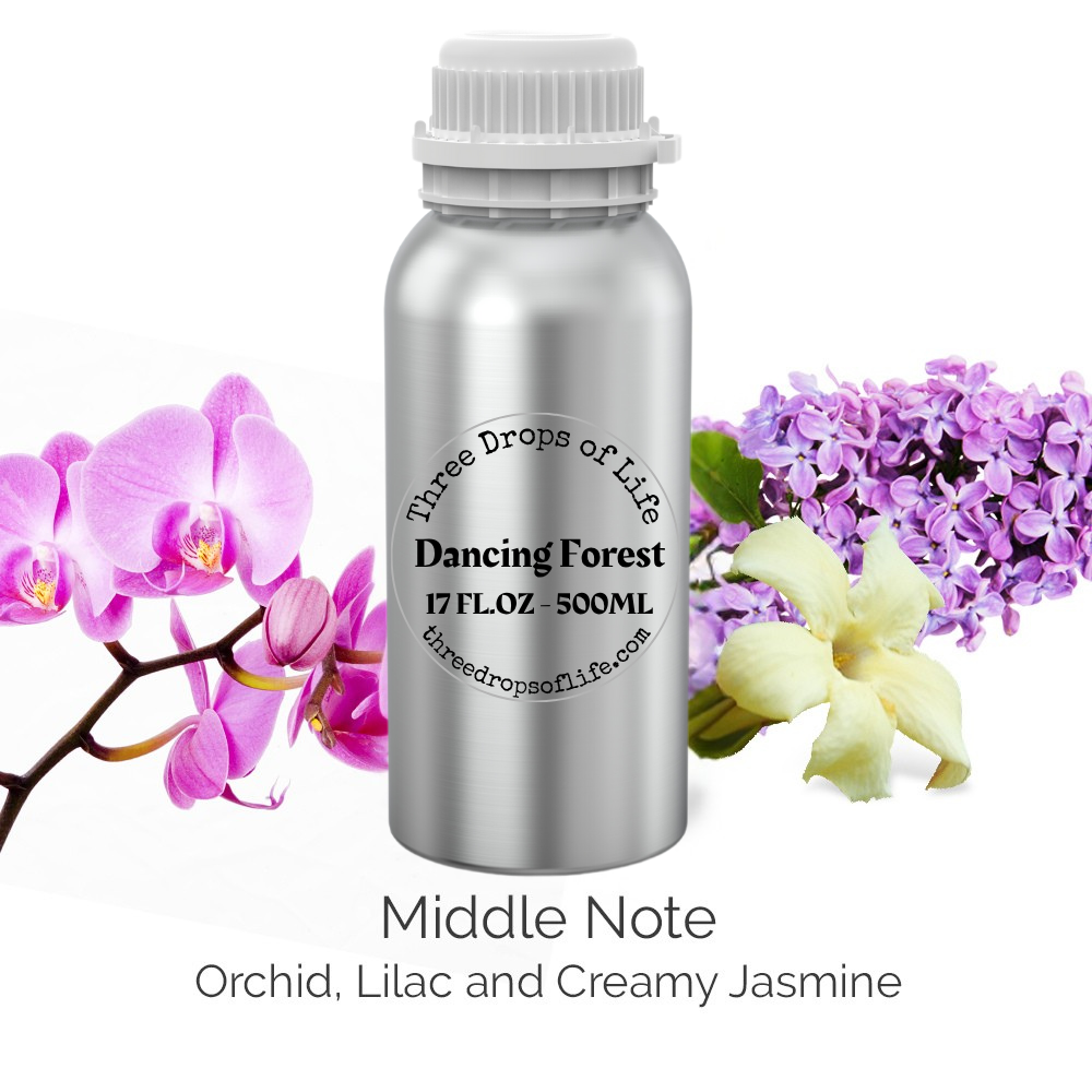 Silver bottle labeled 'Three Drops of Life Dancing Forest' with flowers on a white background