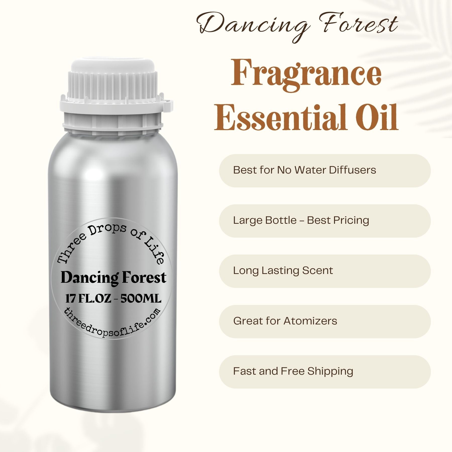 Silver essential oil bottle labeled 'Dancing Forest' with product features on a white background