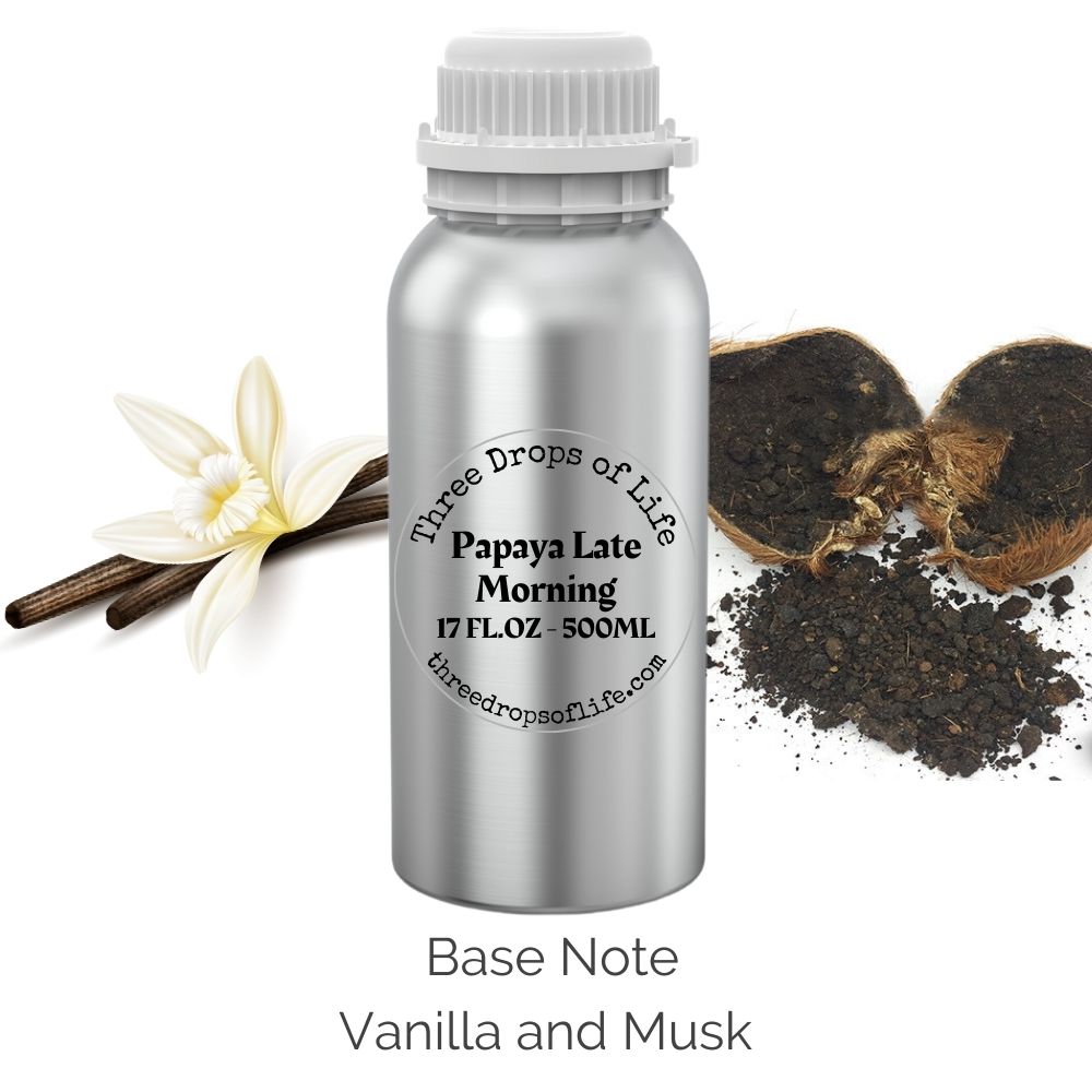 Silver bottle labeled 'Three Drops of Life' with vanilla and musk elements on a white background