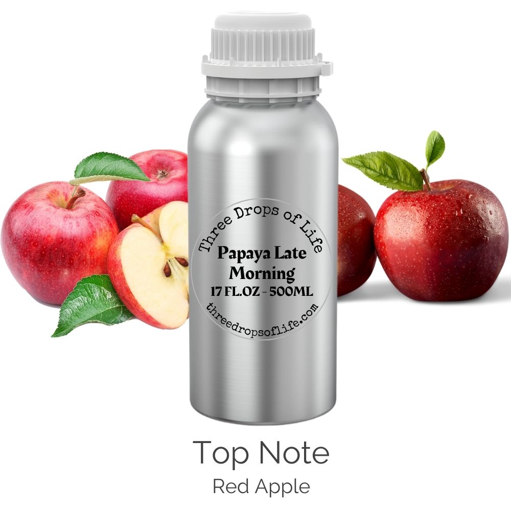 Silver bottle labeled 'Three Drops of Life Papaya Late Morning' with red apples in the background