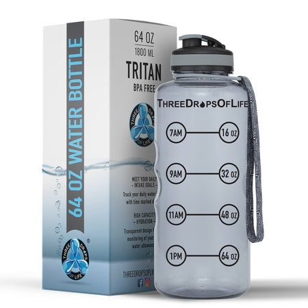 Three Drops of Life 64oz Hydration Tracking Large Sports Water Bottle, The Largest Time Tracker Best